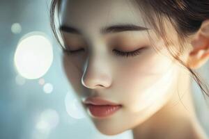 Meditating Woman with Closed Eyes in Soft Lighting for Wellness Concepts photo