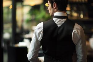 Man Wearing Waiter Vest Looking Out Restaurant Window at Tables photo