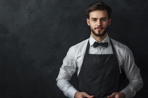 Portrait of Smiling Man Wearing Apron and Bow Tie in Studio photo