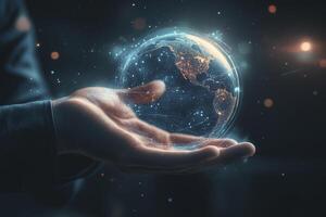 Holding Digital Globe Network in Hand Representing Global Technology Connection photo