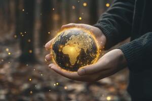 Holding Glowing Earth Globe in Hands Showcasing Africa for Global Connection photo