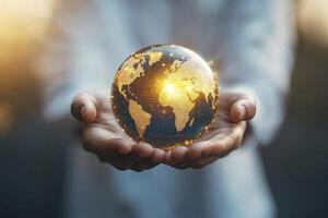 Holding Glowing World Globe in Hands Representing Global Connection and Technology photo