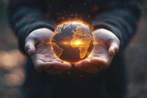 Holding Glowing World Globe in Hands Concept of Global Connection photo