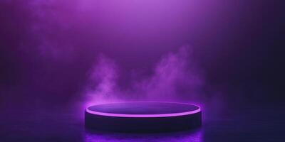 Illuminated Product Podium with Purple Neon Glow and Smoky Ambiance photo