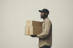 Delivery Man Carrying Cardboard Boxes Looking Forward, Side View Isolated photo