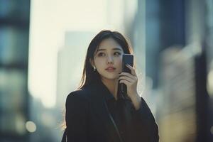 Woman Using Phone in City Setting with Blurred Background photo