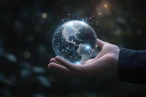 Holding Digital Globe Network in Hand Representing Global Connectivity and Future photo