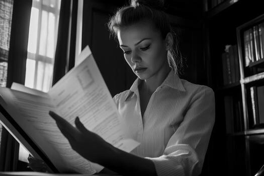 Woman Reading Document in Grayscale with Bookshelf and Window Backdrop photo