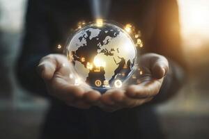Holding Global Digital Network Connection in Hands Representing Worldwide Business photo