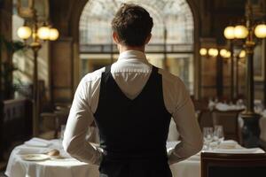 Waiter Standing in Empty Restaurant Preparing for Service with Natural Light photo