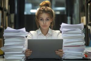 Woman Overwhelmed by Paperwork While Using Laptop in a Busy Office photo
