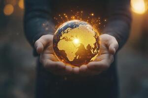Holding Glowing Earth Globe in Human Hands Global Connection Concept photo