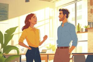 Smiling Coworkers Discussing Project in Sunny Modern Office Illustration Style photo