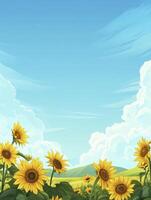 Sunflower Field Illustration Against Bright Blue Sky and Fluffy Clouds photo