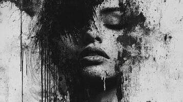 Woman Face with Paint Splatter in Black and White Artistic Portrait photo