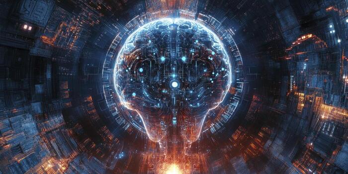 Glowing Brain Connecting Neural Networks with Technology in a Futuristic Tunnel photo