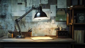 Desk Lamp Illuminating Workspace with Tools and Documents for Study photo