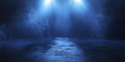 Mysterious Blue Light Shining Through Dark Fog on Wet Asphalt Road photo