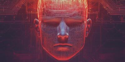Artificial Intelligence Head with Circuitry and Red Glow Technology Concept photo