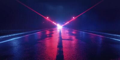 Driving on Wet Road at Night with Neon Lights and Rain photo