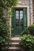 Elegant Green Door with Shutters Leading Into Stone Building photo