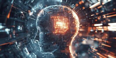 Artificial Intelligence Head with Glowing Brain Symbolizing Machine Learning Concept photo