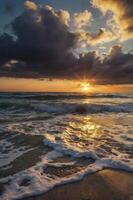 Seascape at Sunrise with Waves and Golden Light Breaking Through Clouds photo