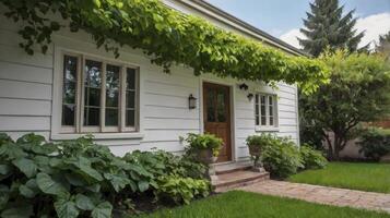 Charming House Exterior with Lush Greenery and Pathway Leading to Entry photo