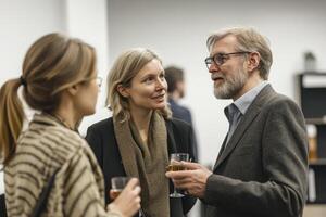 People Conversing at a Business Social Event Holding Drinks Indoors photo