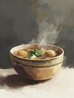 Warm and Delicious Soup Bowl with Meatballs and Fresh Herbs photo
