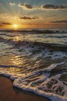 Ocean Waves Crashing on Beach at Sunset with Golden Light photo