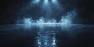 Atmospheric Stage with Fog and Light Beams on Reflective Floor photo
