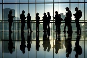 Business People Silhouettes Networking in Modern Building with Reflections photo