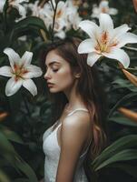 Woman Surrounded by White Lilies in Dreamy, Floral Garden Setting photo