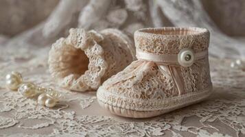 Elegant Lace Baby Booties with Pearl Accents for Newborn Keepsake photo