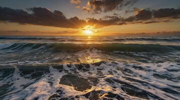 Ocean Wave at Sunset Breaking on the Shore with Dramatic Sky photo