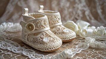 Lace Baby Booties Decorated with Button Details for a Special Occasion photo