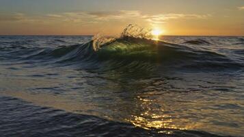Ocean Wave Crashing at Sunset with Golden Sunlight Reflecting on Water photo