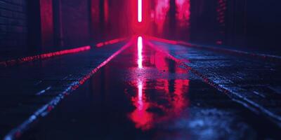 Street View with Neon Lighting and Reflections on Wet Pavement photo