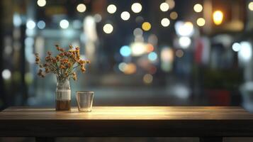 Flower Vase and Glass on Wooden Tabletop Against Blurred City Lights photo