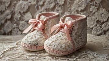 Lace Baby Booties with Pink Ribbon Laces and Delicate Detailing photo