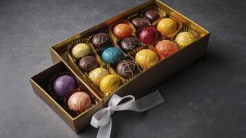 Assorted Gourmet Chocolate Truffles in a Golden Box with Ribbon photo