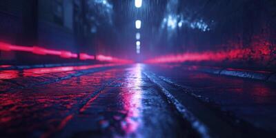Rainy City Street at Night with Neon Lights Reflection on Wet Surface photo