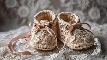 Lace Baby Shoes with Pink Ribbon on Lace Background Still Life photo