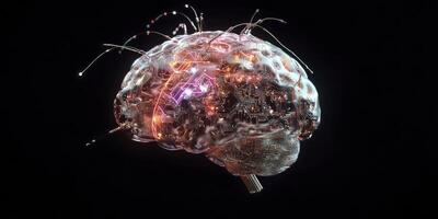 Illuminated Glass Brain with Circuitry and Wires on Black Background photo