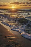 Waves Crashing on Sandy Beach at Sunset with Golden Light Rays photo