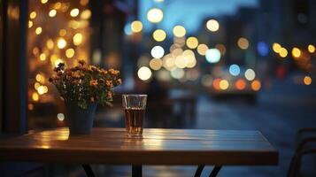 Drink and Flowers on Table at Outdoor Cafe with Blurred Lights photo