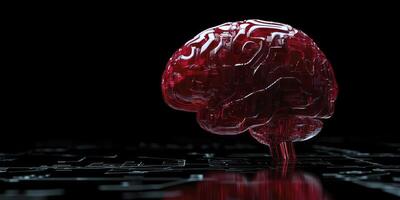Red Brain Model with Circuitry on Dark Background Depicting Artificial Intelligence photo