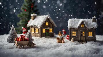 Christmas Village Scene with Miniature Houses and Snowfall Holiday Decoration photo