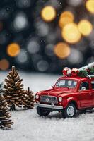Red Toy Car Delivering Christmas Decorations Through Snowy Winter Scenery photo